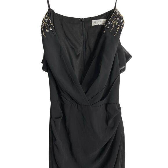 Ieena for Mac Duggal 55704 Beaded Shoulder Ruched Dress High Slit Black Size 4 - Picture 12 of 15